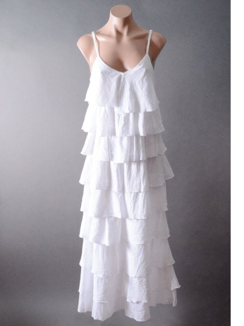 White Ruffle Tiered Layer Cotton Spaghetti Strap Bohemian Long Midi Dress S M L